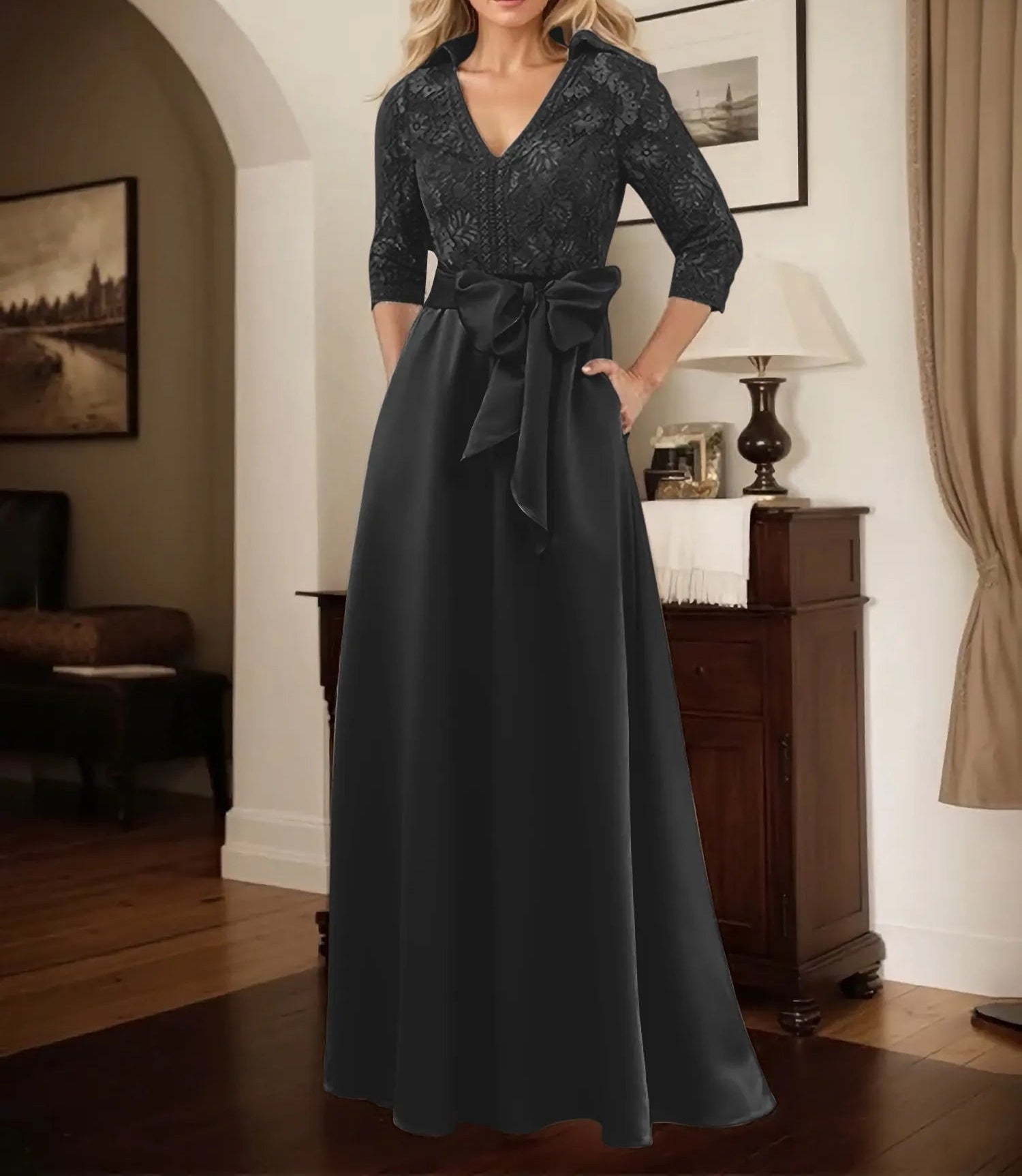 Classic V-Neck Bow Accented Satin Mother Of The Bride Dress With Lace