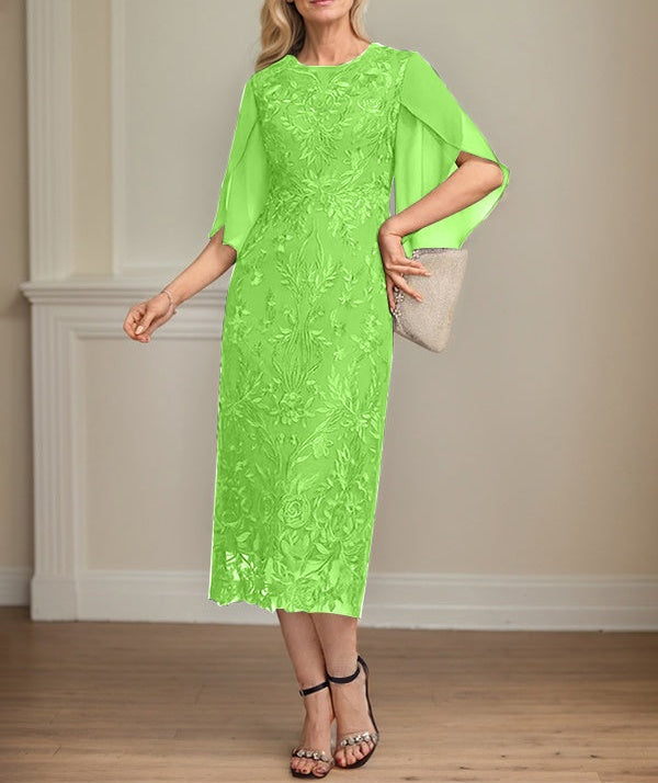 Sheath/Column Scoop Tea-Length Lace Chiffon Mother of the Bride Dress