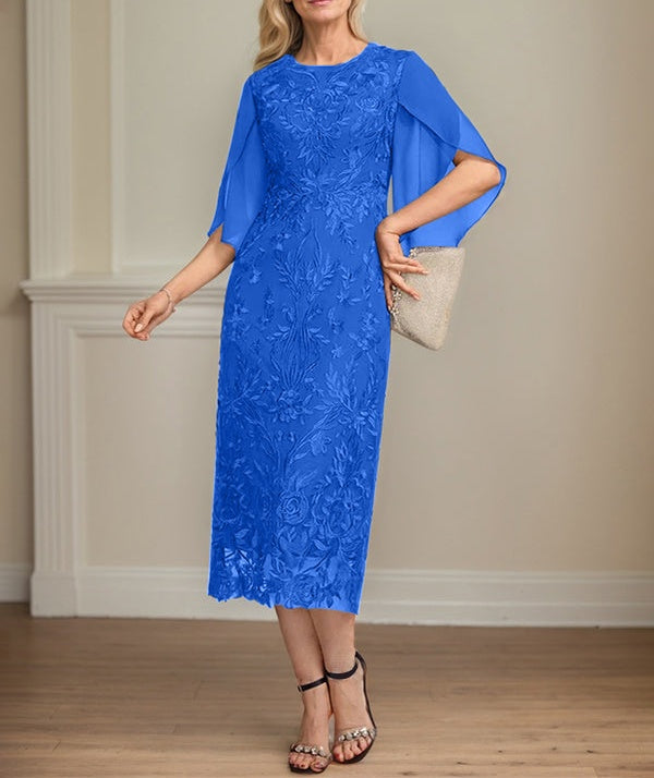 Sheath/Column Scoop Tea-Length Lace Chiffon Mother of the Bride Dress