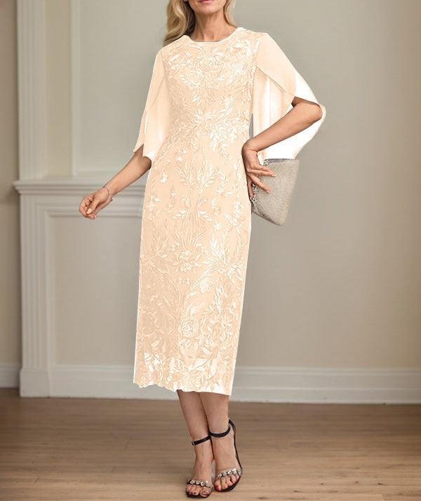 Sheath/Column Scoop Tea-Length Lace Chiffon Mother of the Bride Dress