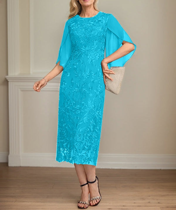 Sheath/Column Scoop Tea-Length Lace Chiffon Mother of the Bride Dress