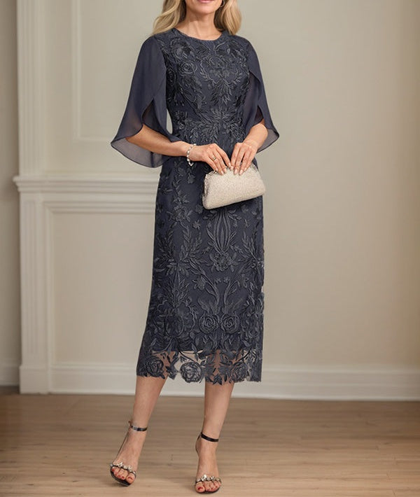 Sheath/Column Scoop Tea-Length Lace Chiffon Mother of the Bride Dress