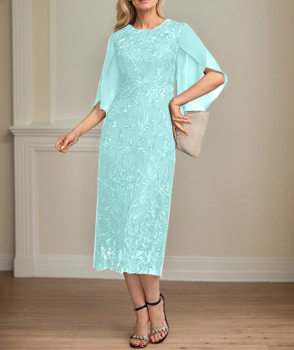 Sheath/Column Scoop Tea-Length Lace Chiffon Mother of the Bride Dress