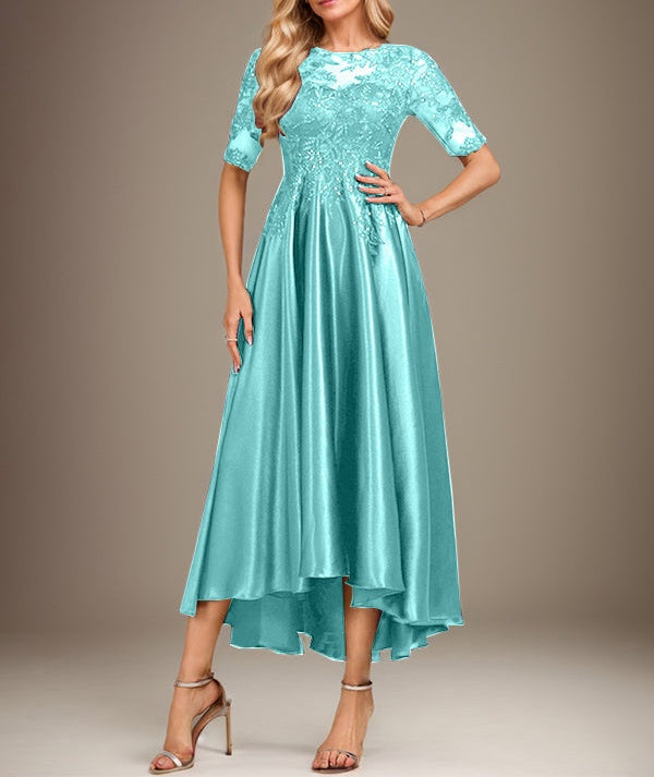 A-line Scoop Illusion Asymmetrical Stretch Satin Lace Mother of the Bride Dress With Sequins