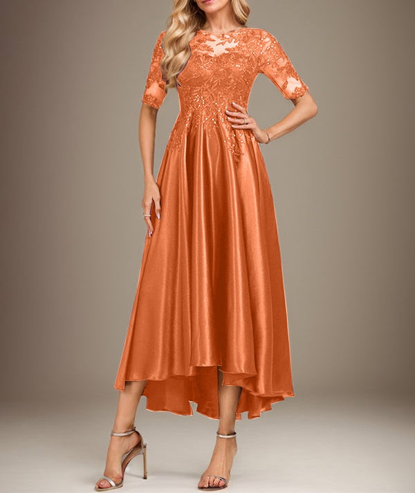 A-line Scoop Illusion Asymmetrical Stretch Satin Lace Mother of the Bride Dress With Sequins
