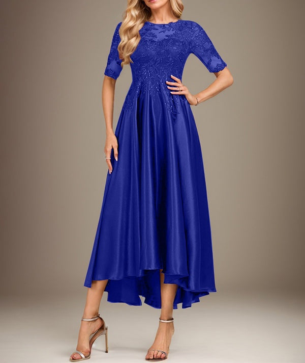 A-line Scoop Illusion Asymmetrical Stretch Satin Lace Mother of the Bride Dress With Sequins