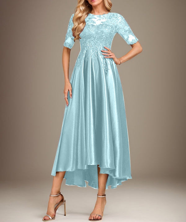 A-line Scoop Illusion Asymmetrical Stretch Satin Lace Mother of the Bride Dress With Sequins