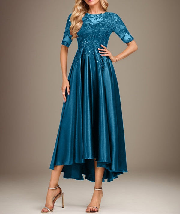 A-line Scoop Illusion Asymmetrical Stretch Satin Lace Mother of the Bride Dress With Sequins