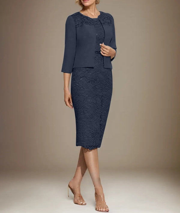 Sheath/Column Scoop Knee-Length Chiffon Lace Mother of the Bride Dress With Beading