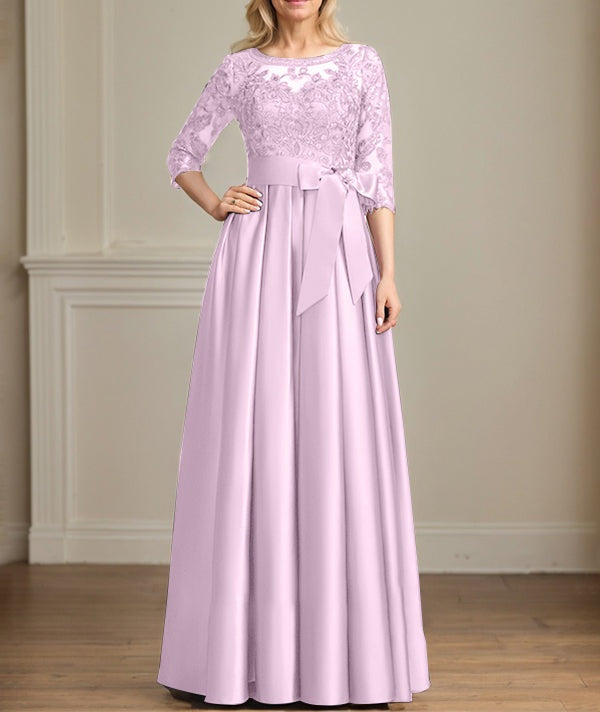 A-line Scoop Illusion Floor-Length Satin Lace Mother of the Bride Dress With Sequins Bow