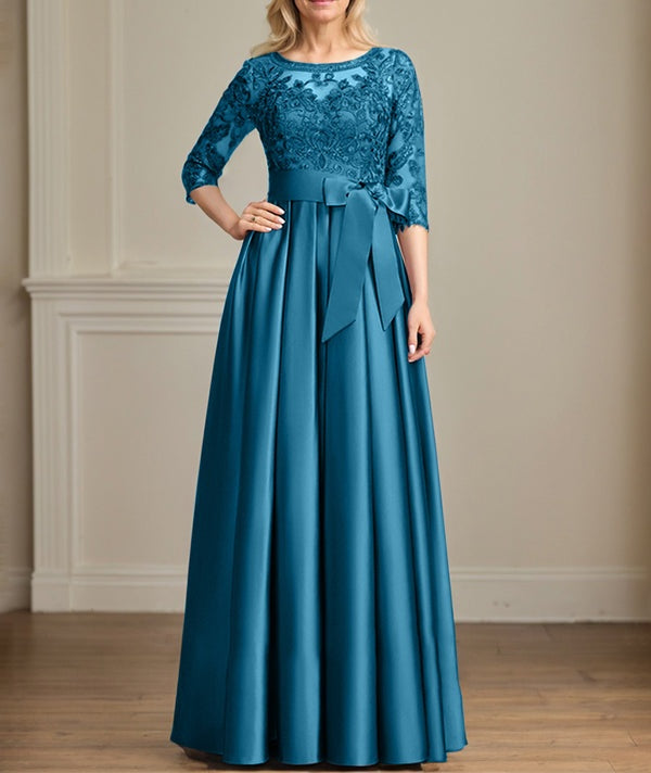 A-line Scoop Illusion Floor-Length Satin Lace Mother of the Bride Dress With Sequins Bow