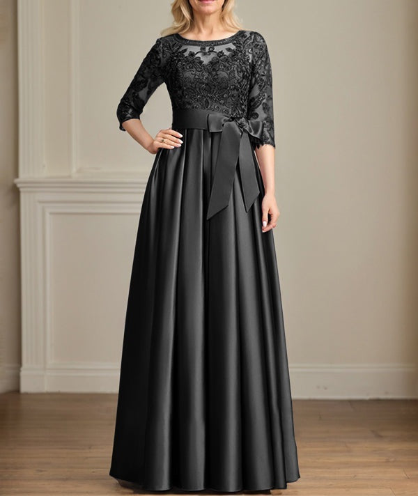 A-line Scoop Illusion Floor-Length Satin Lace Mother of the Bride Dress With Sequins Bow