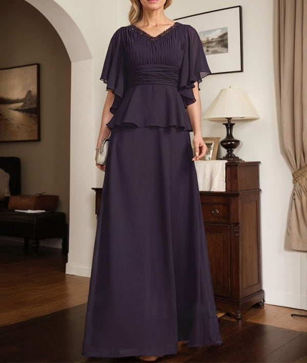 A-line V-Neck Floor-Length Chiffon Mother of the Bride Dress With Pleated Beading