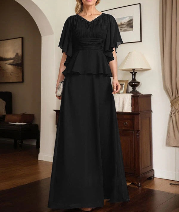 A-line V-Neck Floor-Length Chiffon Mother of the Bride Dress With Pleated Beading