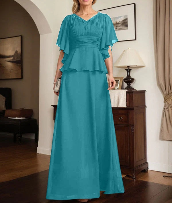 A-line V-Neck Floor-Length Chiffon Mother of the Bride Dress With Pleated Beading