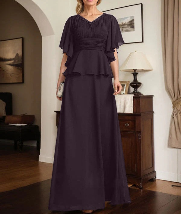 A-line V-Neck Floor-Length Chiffon Mother of the Bride Dress With Pleated Beading