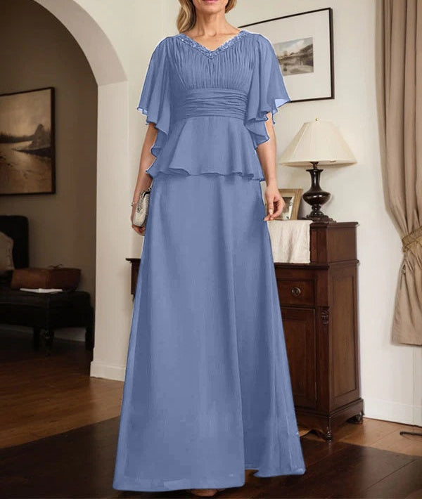 A-line V-Neck Floor-Length Chiffon Mother of the Bride Dress With Pleated Beading