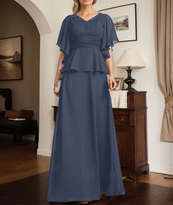 A-line V-Neck Floor-Length Chiffon Mother of the Bride Dress With Pleated Beading