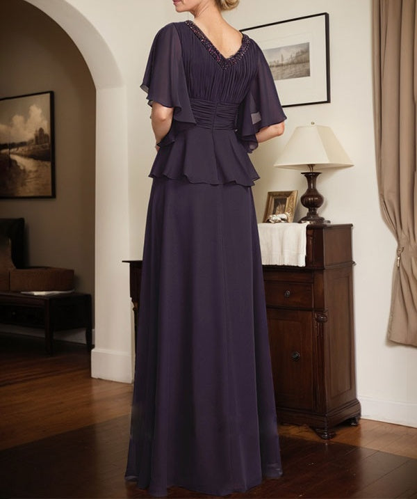 A-line V-Neck Floor-Length Chiffon Mother of the Bride Dress With Pleated Beading