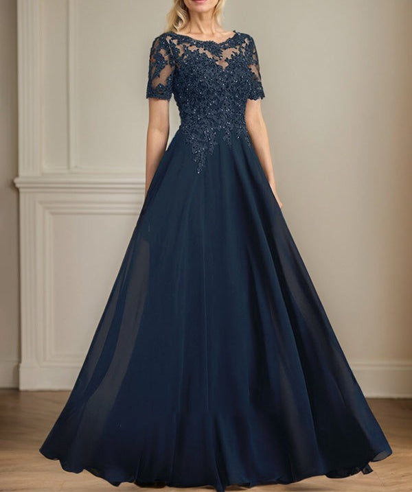 A-line Scoop Illusion Floor-Length Chiffon Lace Mother of the Bride Dress With Sequins Beading