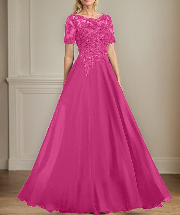 A-line Scoop Illusion Floor-Length Chiffon Lace Mother of the Bride Dress With Sequins Beading