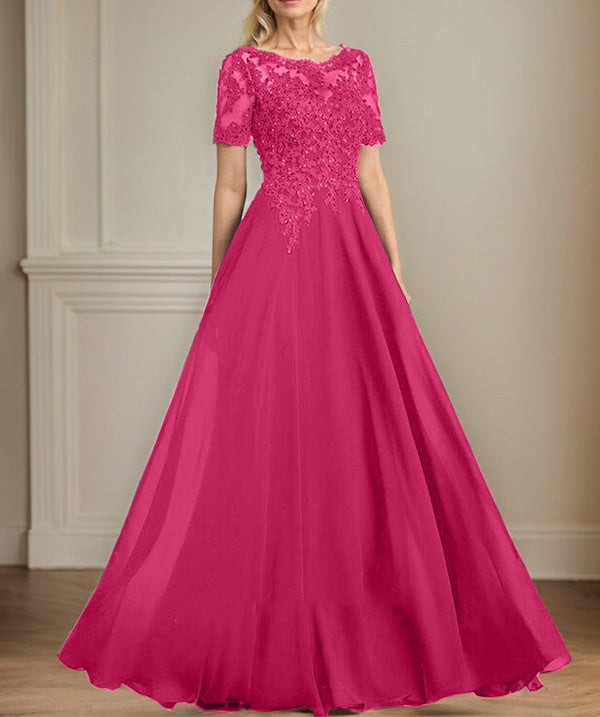 A-line Scoop Illusion Floor-Length Chiffon Lace Mother of the Bride Dress With Sequins Beading