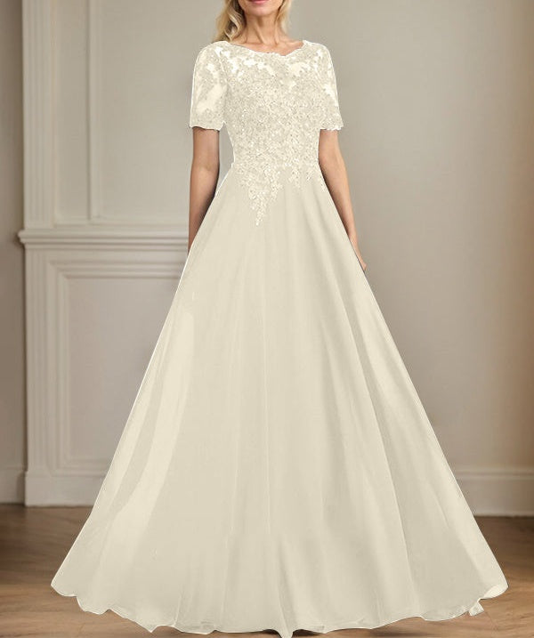 A-line Scoop Illusion Floor-Length Chiffon Lace Mother of the Bride Dress With Sequins Beading