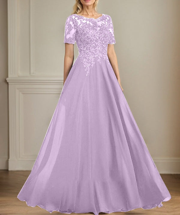 A-line Scoop Illusion Floor-Length Chiffon Lace Mother of the Bride Dress With Sequins Beading