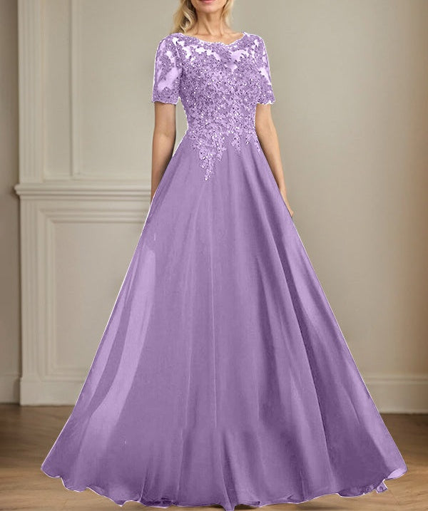 A-line Scoop Illusion Floor-Length Chiffon Lace Mother of the Bride Dress With Sequins Beading
