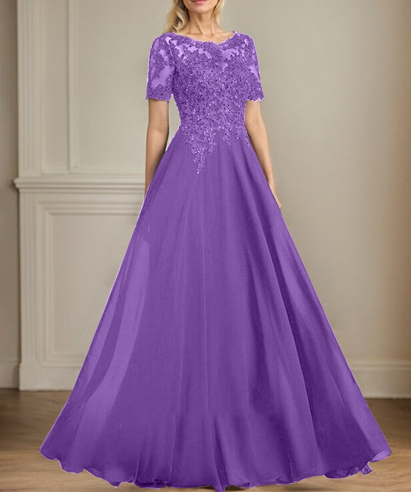 A-line Scoop Illusion Floor-Length Chiffon Lace Mother of the Bride Dress With Sequins Beading