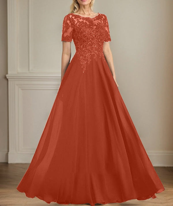 A-line Scoop Illusion Floor-Length Chiffon Lace Mother of the Bride Dress With Sequins Beading
