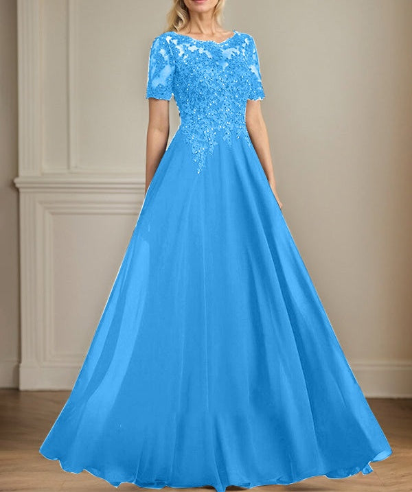 A-line Scoop Illusion Floor-Length Chiffon Lace Mother of the Bride Dress With Sequins Beading
