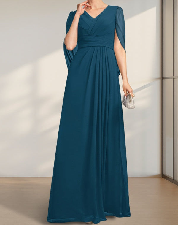 A-line V-Neck Floor-Length Chiffon Mother of the Bride Dress With Pleated