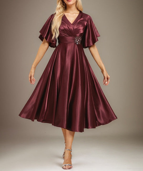 A-line V-Neck Tea-Length Stretch Satin Mother of the Bride Dress With Beading Pleated
