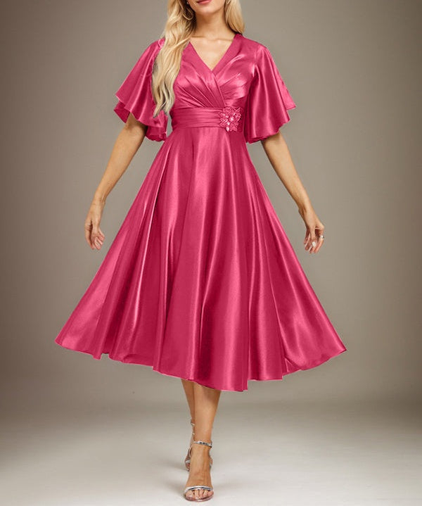 A-line V-Neck Tea-Length Stretch Satin Mother of the Bride Dress With Beading Pleated