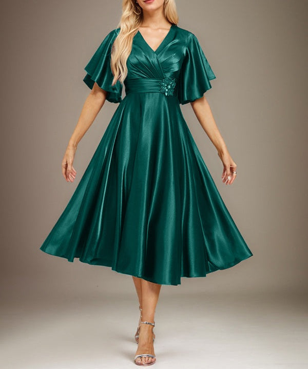 A-line V-Neck Tea-Length Stretch Satin Mother of the Bride Dress With Beading Pleated