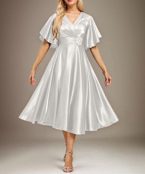 A-line V-Neck Tea-Length Stretch Satin Mother of the Bride Dress With Beading Pleated
