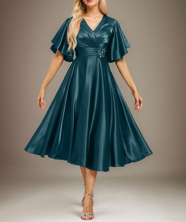 A-line V-Neck Tea-Length Stretch Satin Mother of the Bride Dress With Beading Pleated