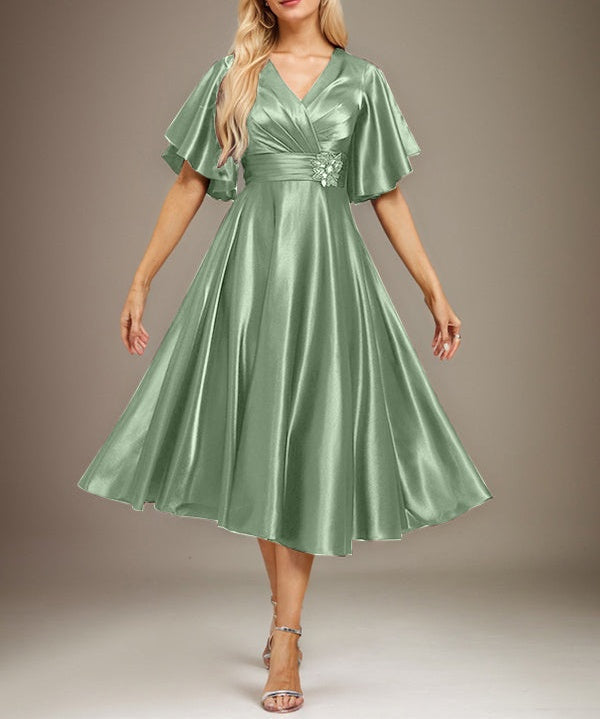 A-line V-Neck Tea-Length Stretch Satin Mother of the Bride Dress With Beading Pleated