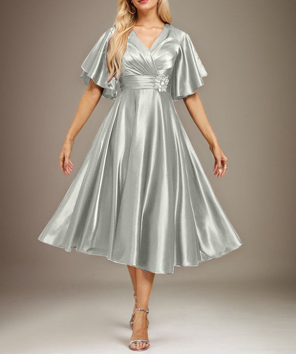 A-line V-Neck Tea-Length Stretch Satin Mother of the Bride Dress With Beading Pleated