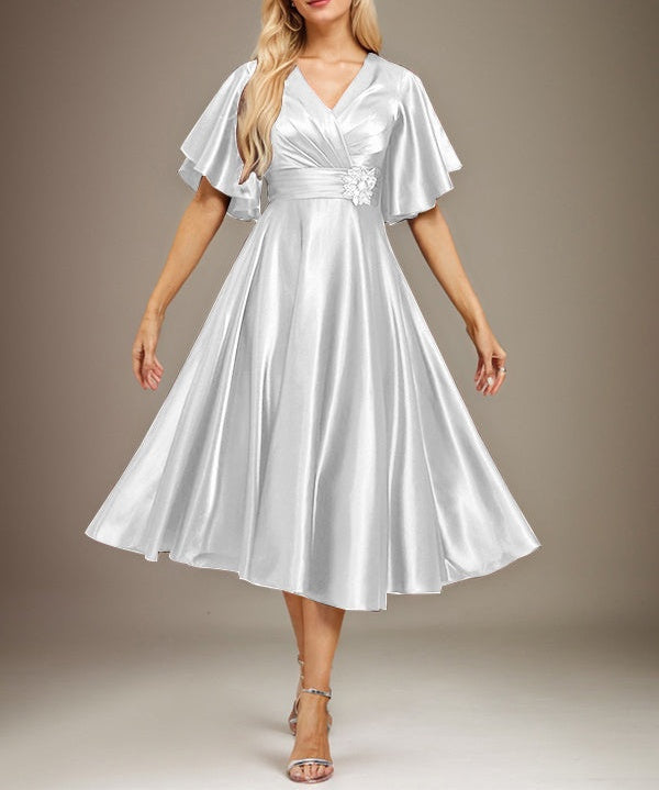 A-line V-Neck Tea-Length Stretch Satin Mother of the Bride Dress With Beading Pleated