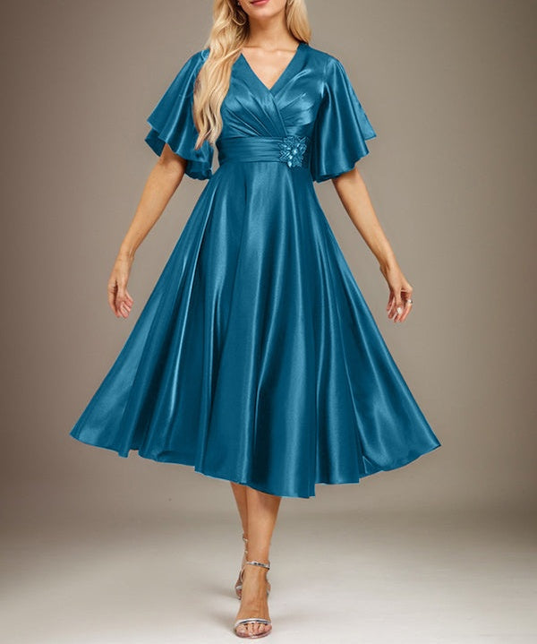 A-line V-Neck Tea-Length Stretch Satin Mother of the Bride Dress With Beading Pleated