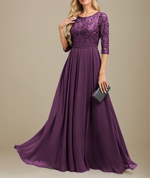 A-Line Scoop Floor-Length Lace Chiffon Mother Of the Bride Dress With Sequins Applique