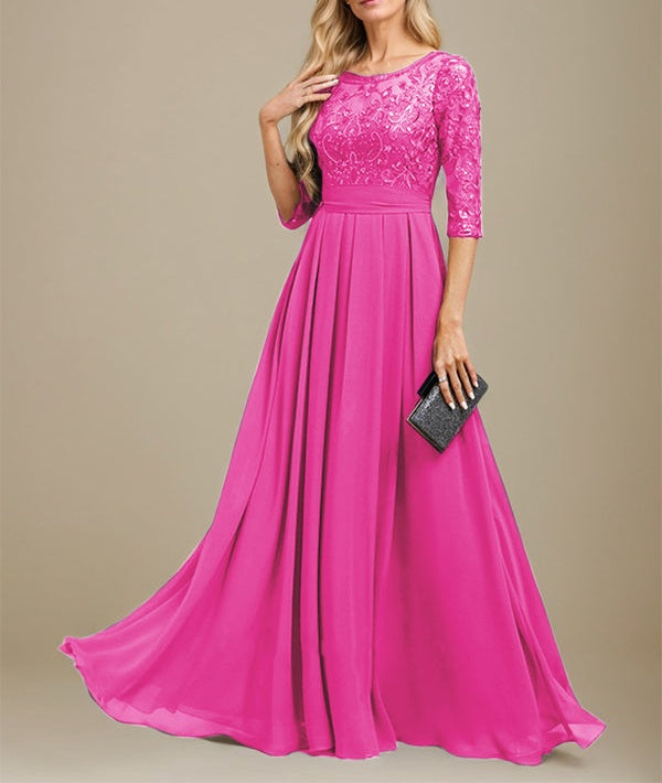 A-Line Scoop Floor-Length Lace Chiffon Mother Of the Bride Dress With Sequins Applique