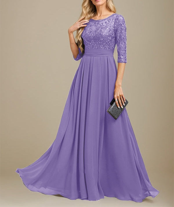 A-Line Scoop Floor-Length Lace Chiffon Mother Of the Bride Dress With Sequins Applique