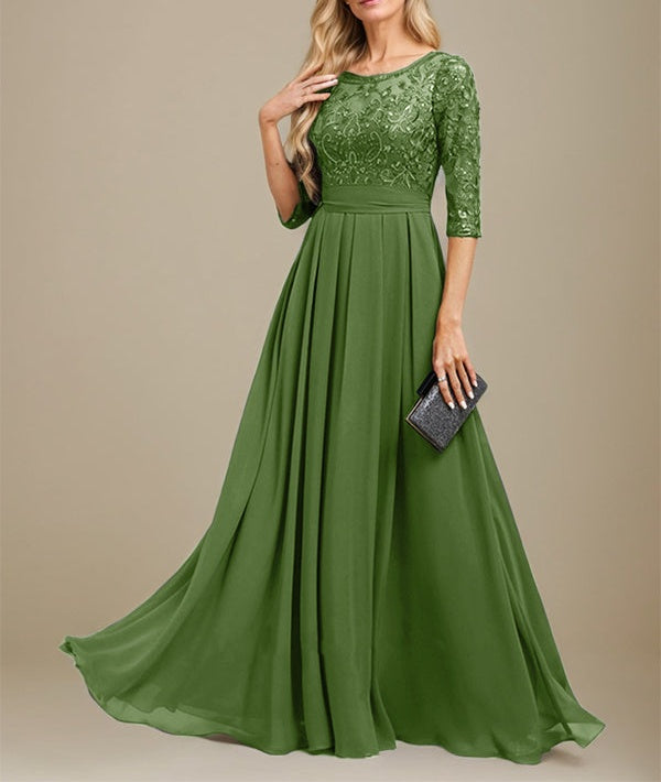 A-Line Scoop Floor-Length Lace Chiffon Mother Of the Bride Dress With Sequins Applique