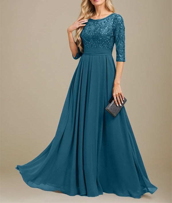 A-Line Scoop Floor-Length Lace Chiffon Mother Of the Bride Dress With Sequins Applique