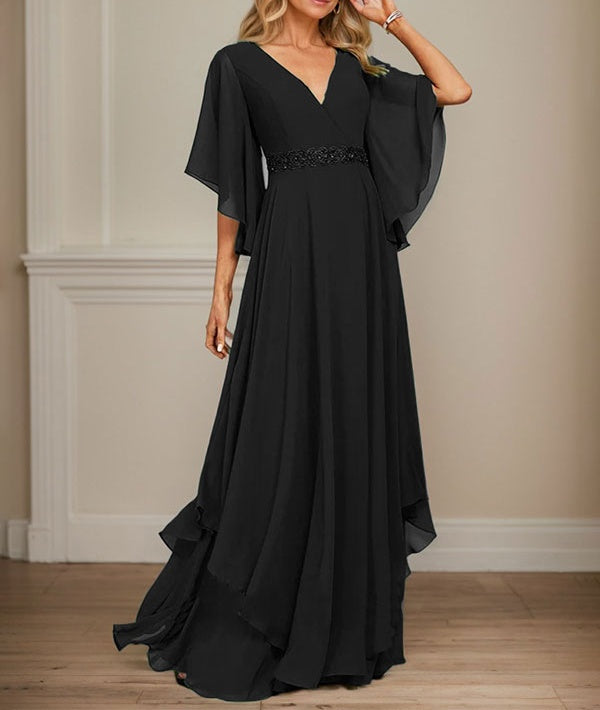 A-line V-Neck Floor-Length Chiffon Mother of the Bride Dress With Sequins Appliques Lace Beading