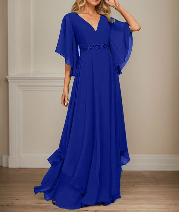A-line V-Neck Floor-Length Chiffon Mother of the Bride Dress With Sequins Appliques Lace Beading
