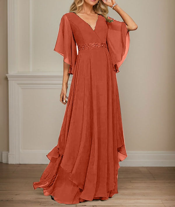A-line V-Neck Floor-Length Chiffon Mother of the Bride Dress With Sequins Appliques Lace Beading